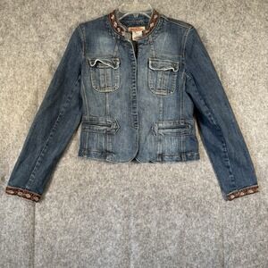 VTG 90s Y2K Paris Blues Denim Jacket Juniors Large Blue Embroidered Boho Hippie